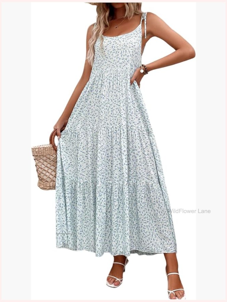 Tiered Maxi Dress Scoop Neck Spaghetti Strap Flowy A Line Casual